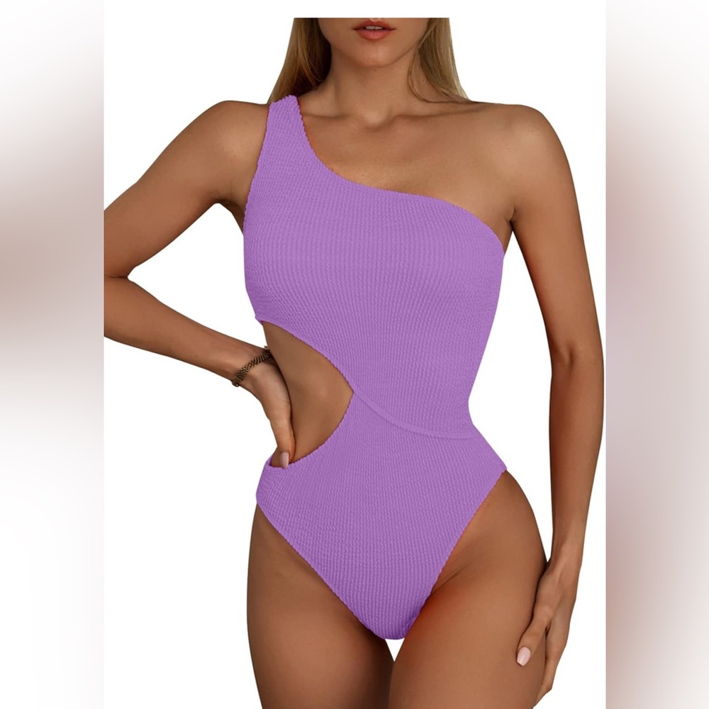 ☀️Cutout One Piece One-Shoulder Purple Swimsuit, Ribbed Texture Small New in bag